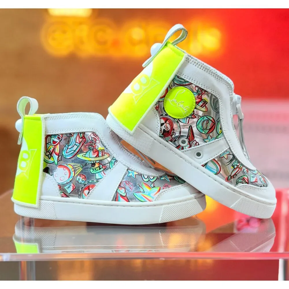 Christian Louboutin Loubi Kids High Top Sneakers White Neon Yellow Space Print